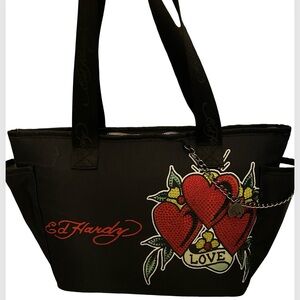 ED HARDY BLACK LOVE INSULTED LUNCH TOTE PURSE RHINESTONE HEARTS & TUPPERWARE NWT